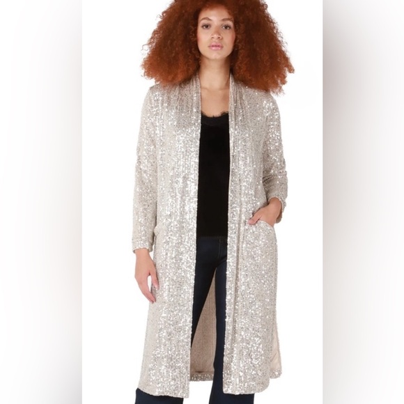Dex Sparkle City Sequin Duster Cream Silver Sequin - Open Front Sequin Jacket - Picture 1 of 8